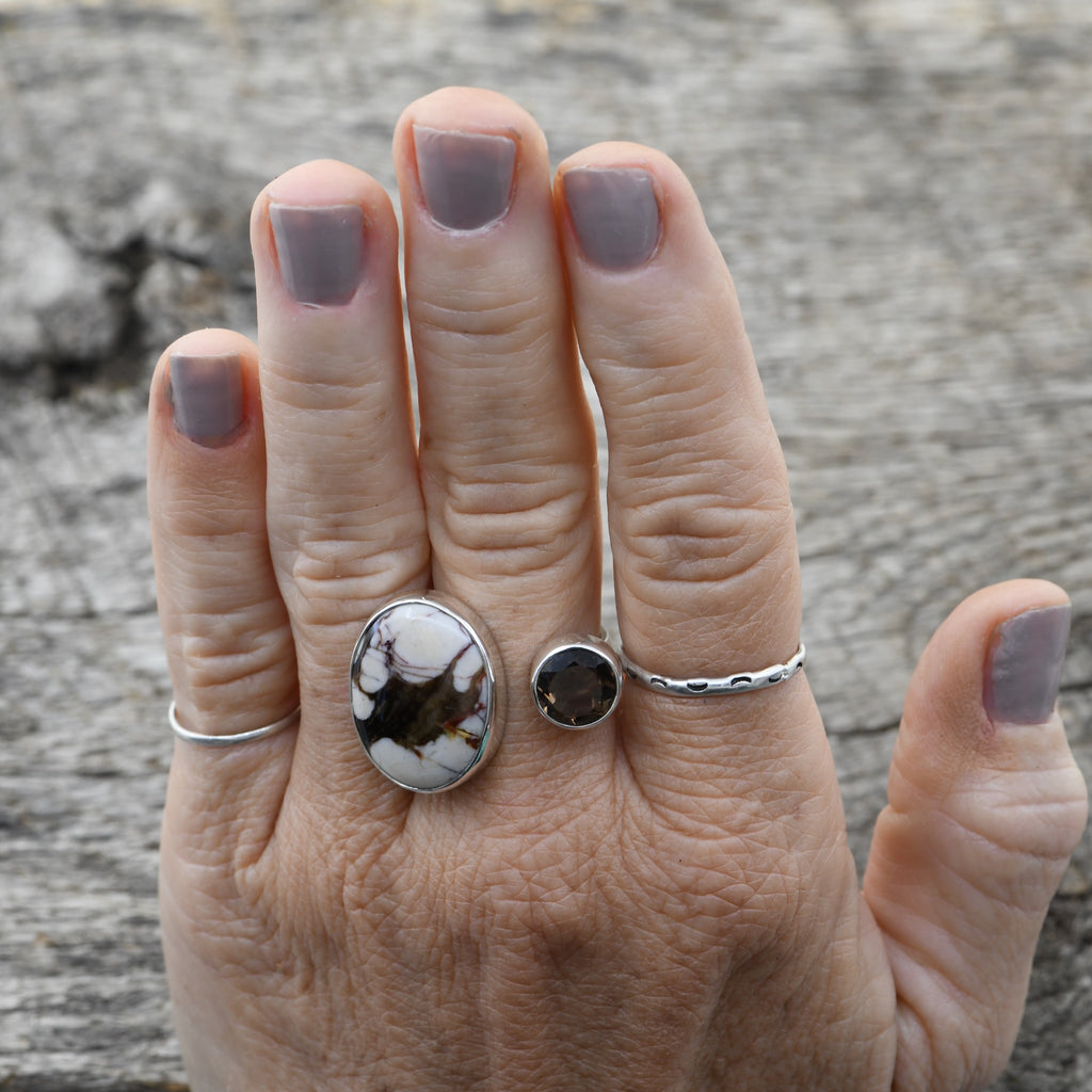 Genuine Peanut Wood Jasper & Smoky Topaz Sterling Silver Ring | Adjustable