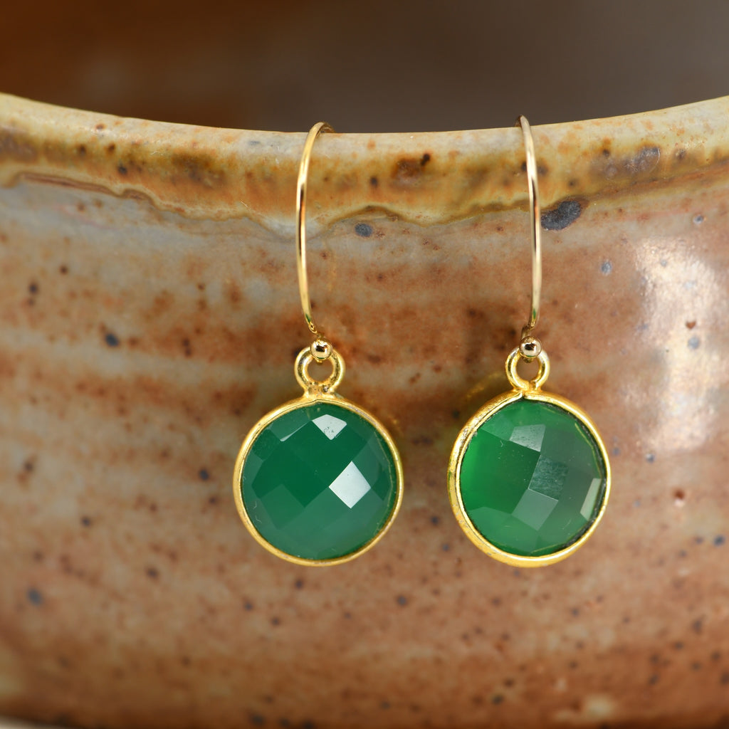 Green Onyx Drop Earrings | 10mm Round Gold Bezel Dangle Hooks