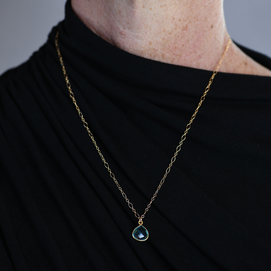 Handcrafted Aqua Blue Topaz Pendant Necklace in Gold-Filled- 20" Adjustable Chain