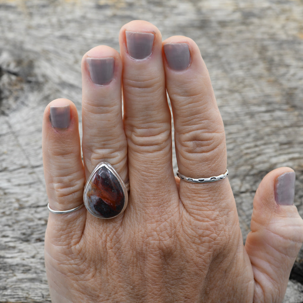 Handcrafted Crazy Lace Agate Teardrop Ring in Sterling Silver