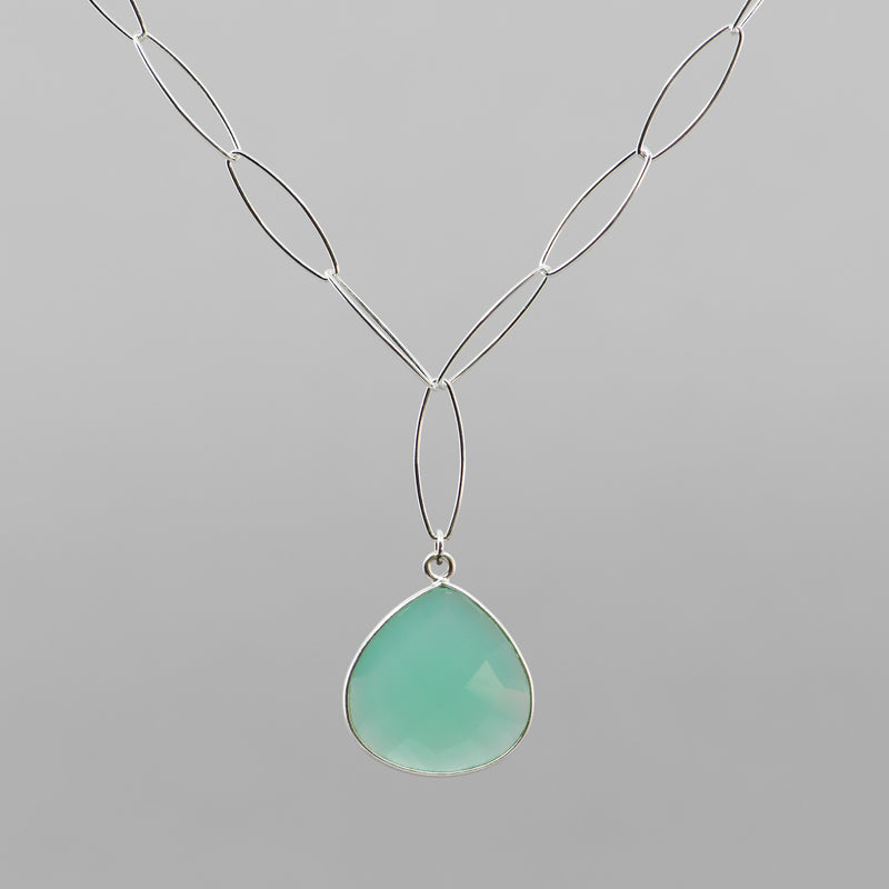 Handmade Aqua Chalcedony Necklace - Sterling Silver Pear Drop Pendant | 18" Adjustable Chain