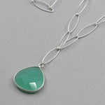 Handmade Aqua Chalcedony Necklace - Sterling Silver Pear Drop Pendant | 18" Adjustable Chain