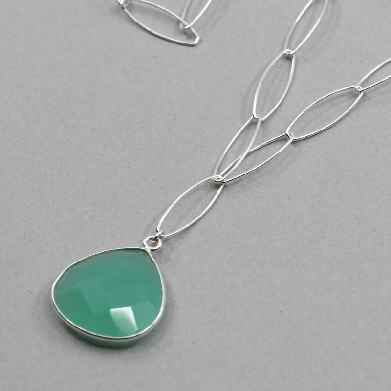 Handmade Aqua Chalcedony Necklace - Sterling Silver Pear Drop Pendant | 18" Adjustable Chain