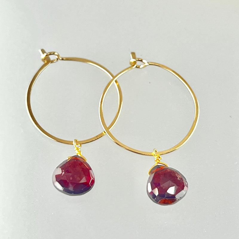 Garnet teardrop earrings on gold-filled hoops