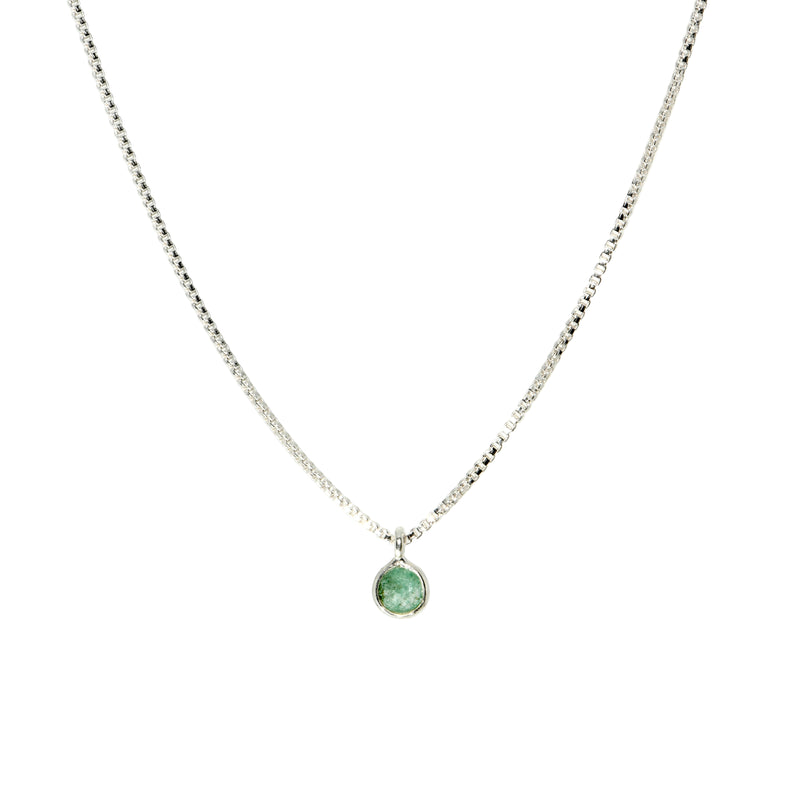Tiny emerald pendant on sterling silver box chain, front view