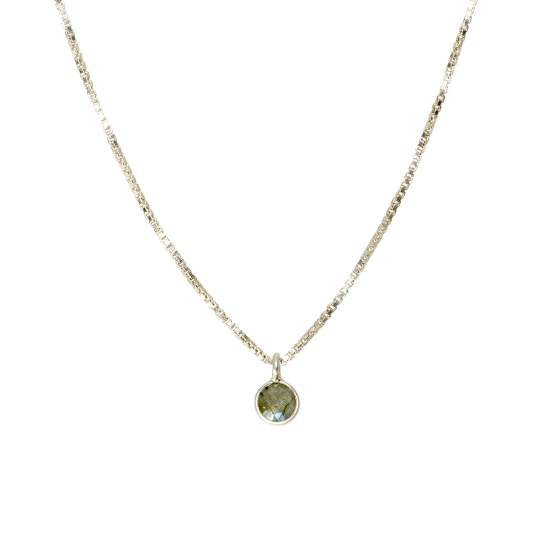 Tiny labradorite pendant on sterling silver box chain, front view