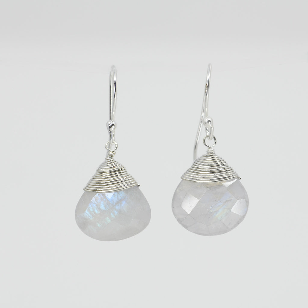 Natural Moonstone Drop Earrings | Handcrafted Sterling Silver Wire Wrapped Jewelry