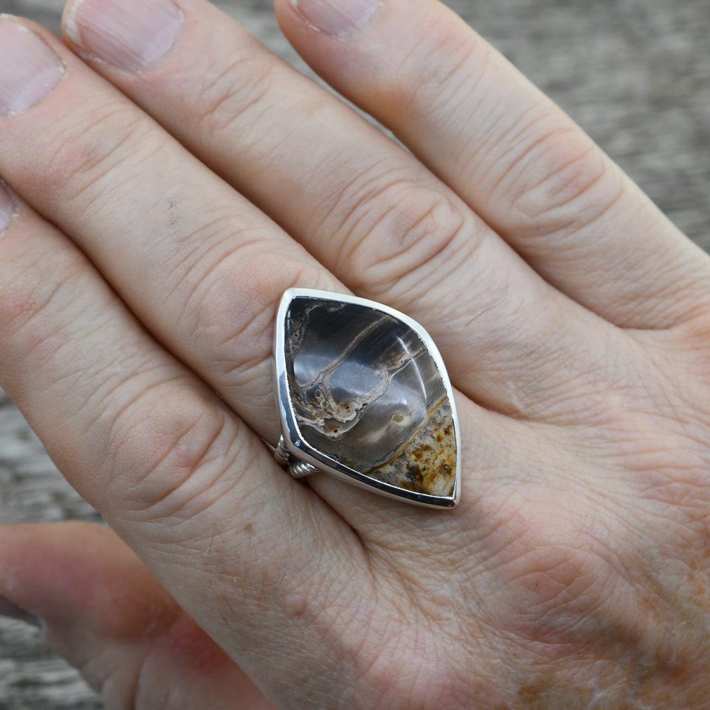 Petrified Wood Ring - Sterling Silver Handmade Statement Ring |Size 10