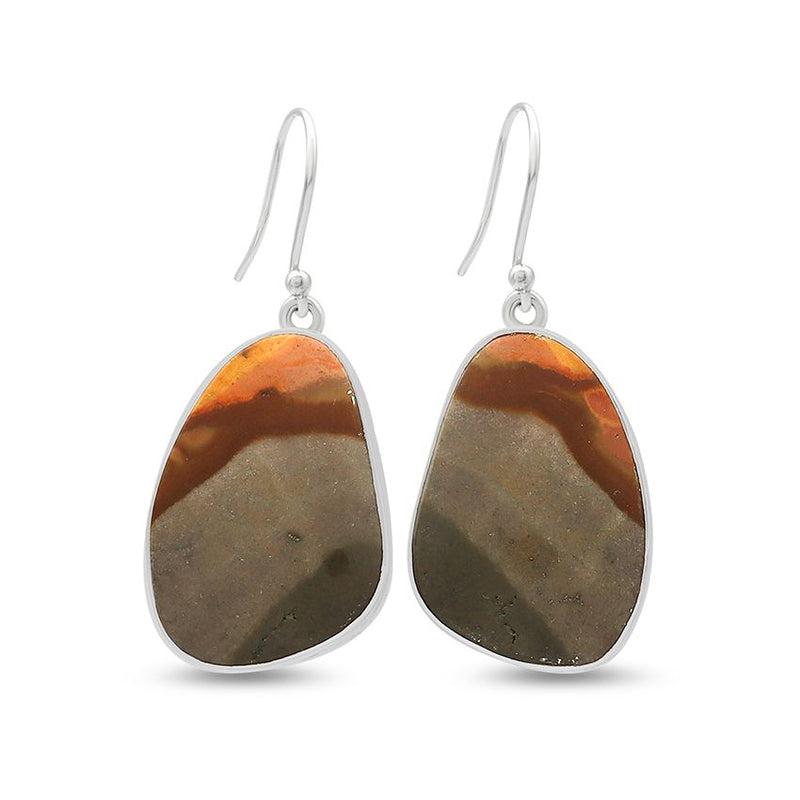Picture jasper triangle drop earrings in sterling silver bezels, front view
