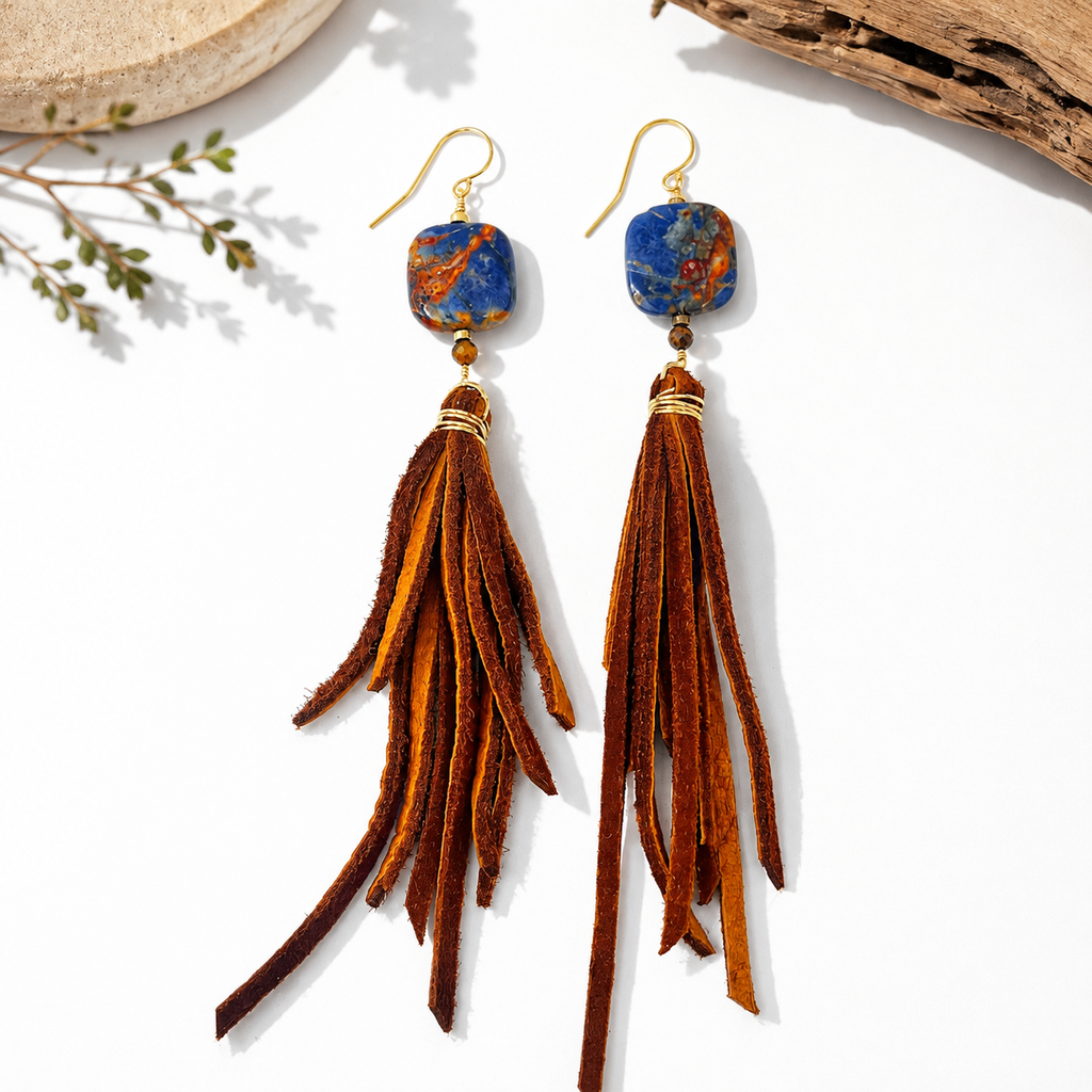 Woman wearing pietersite and deerskin leather tassel earrings with gold-filled hooks