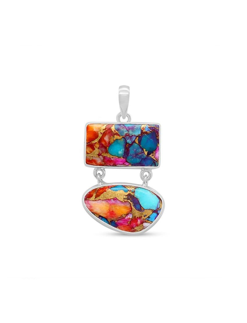 Pink Oyster Turquoise Rectangle Double Drop Pendant in 925 Sterling Silver - Handmade