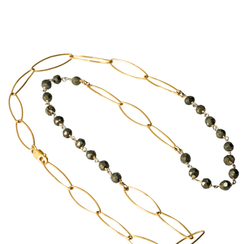 Artisan Pyrite Fancy Rosary Necklace - Gold Filled Marquise Chain Boho Jewelry