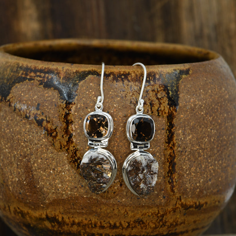 Rare  Astrophyllite & Smoky Quartz Sterling Silver Dangle Earrings | 2.25" Boho Statement DropsAstrophilite | Smokey Quartz Earrings