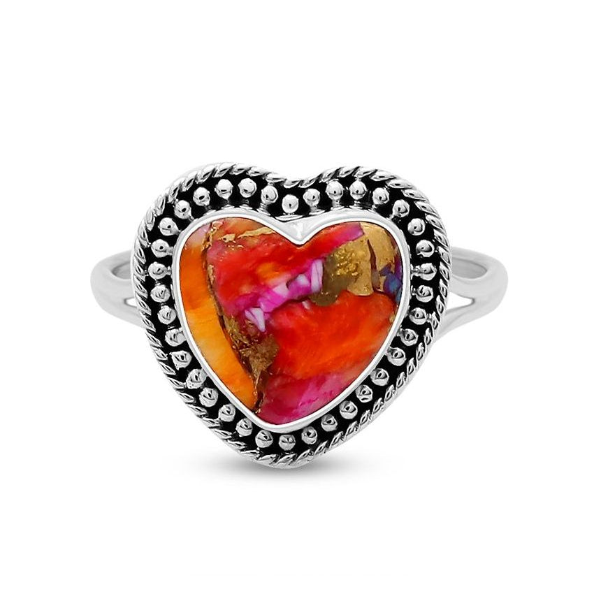 Red Heart Pink Oyster Turquoise in 925 Sterling Silver - Handmade 