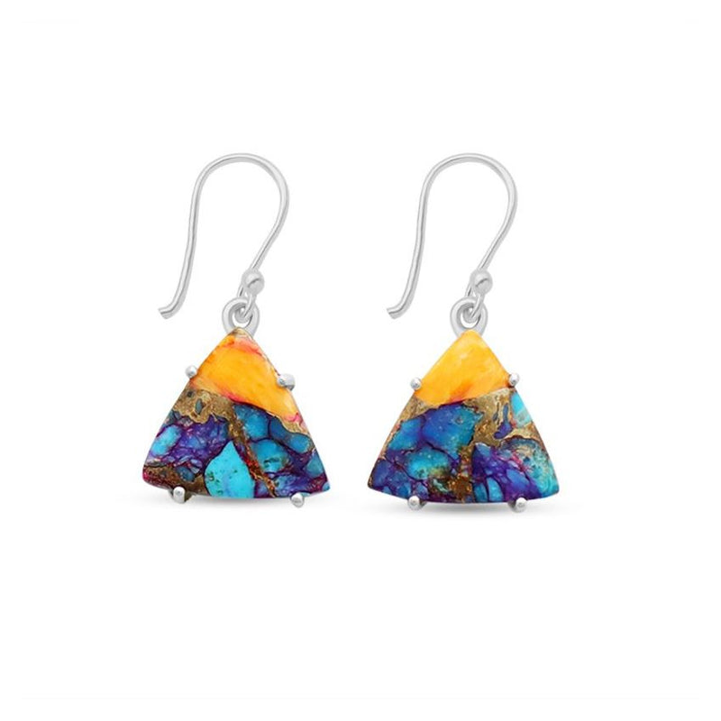 Spiny oyster turquoise triangle earrings in sterling silver bezels on hooks