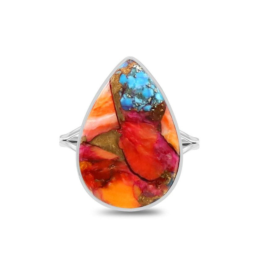 Teardrop Pink Oyster Turquoise Statement Ring in 925 Sterling Silver 