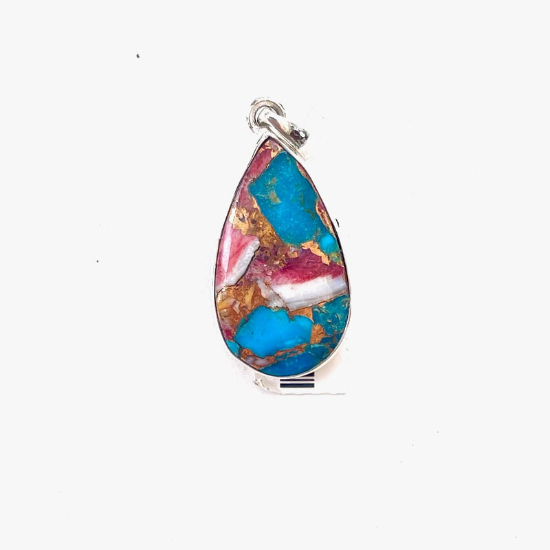 Red Oyster Turquoise Teardrop Pendant Sterling Sliver