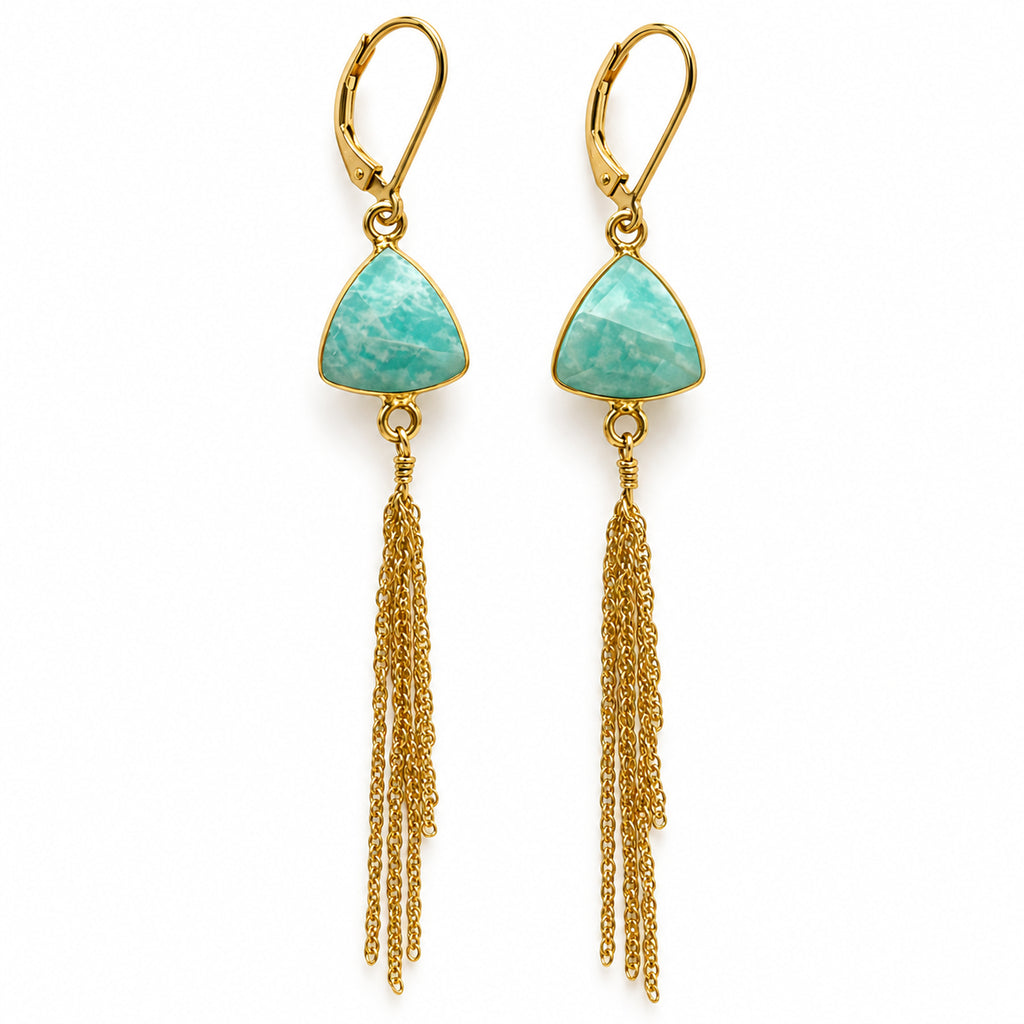 Amazonite triangle tassel earrings worn by a model, gold-filled leverback