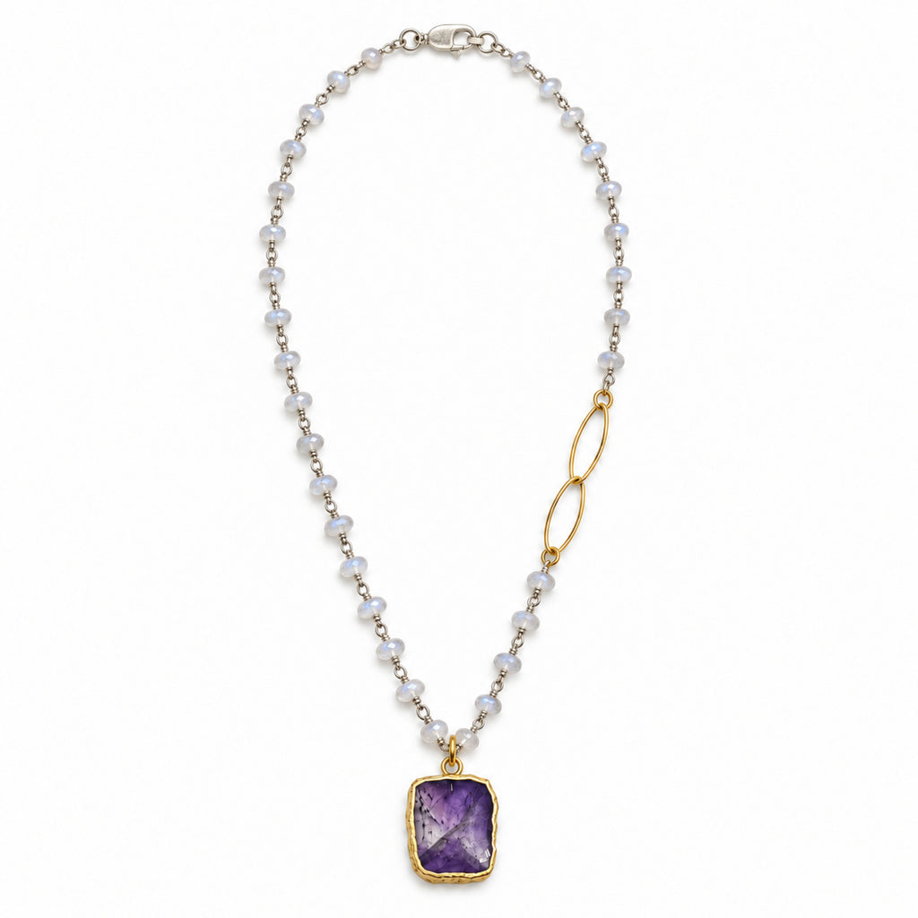 Woman wearing the amethyst and rainbow moonstone mixed metal rosary necklace