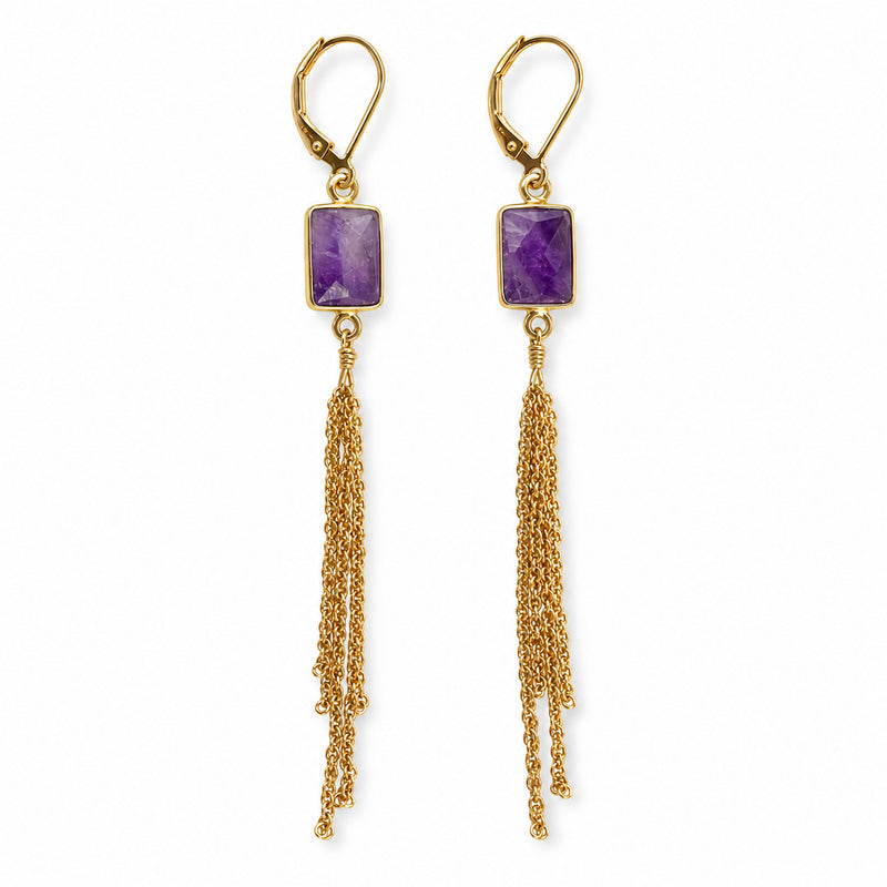 Amethyst rectangle gold-filled tassel earrings on white background, full product view