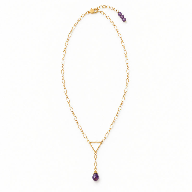 Amethyst drop triangle gold-filled necklace on white background, full product view