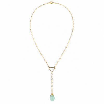Aqua chalcedony drop necklace with gold-filled triangle pendant, full view