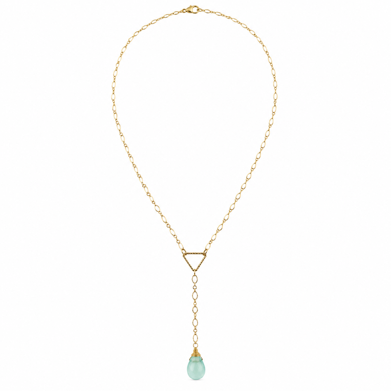 Aqua chalcedony drop necklace with gold-filled triangle pendant, full view