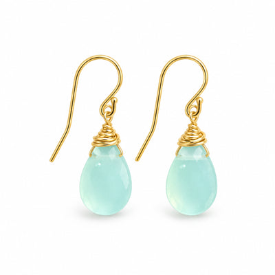 Aqua chalcedony wire wrapped teardrop earrings on gold-filled hooks, front product view