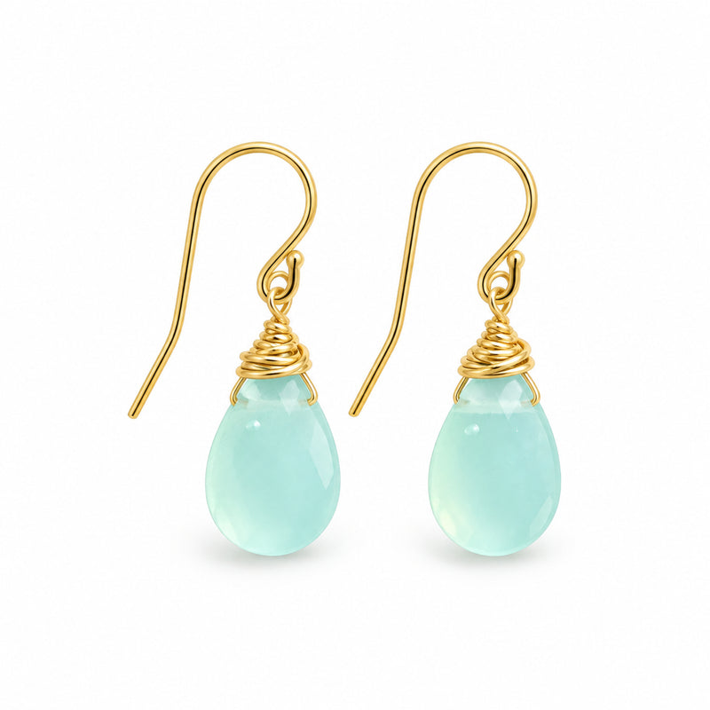 Aqua chalcedony wire wrapped teardrop earrings on gold-filled hooks, front product view