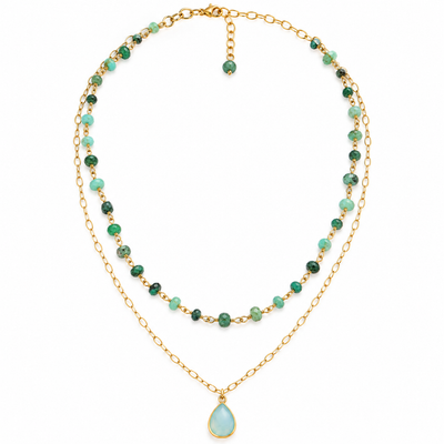 Emerald and aqua chalcedony layered gold-filled necklace on white background, full product view