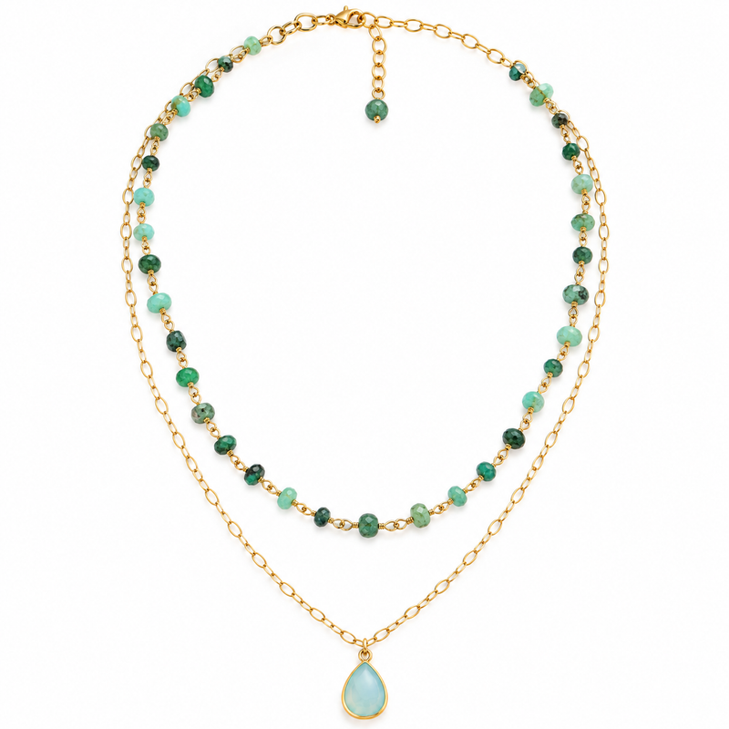 Emerald and aqua chalcedony layered gold-filled necklace on white background, full product view