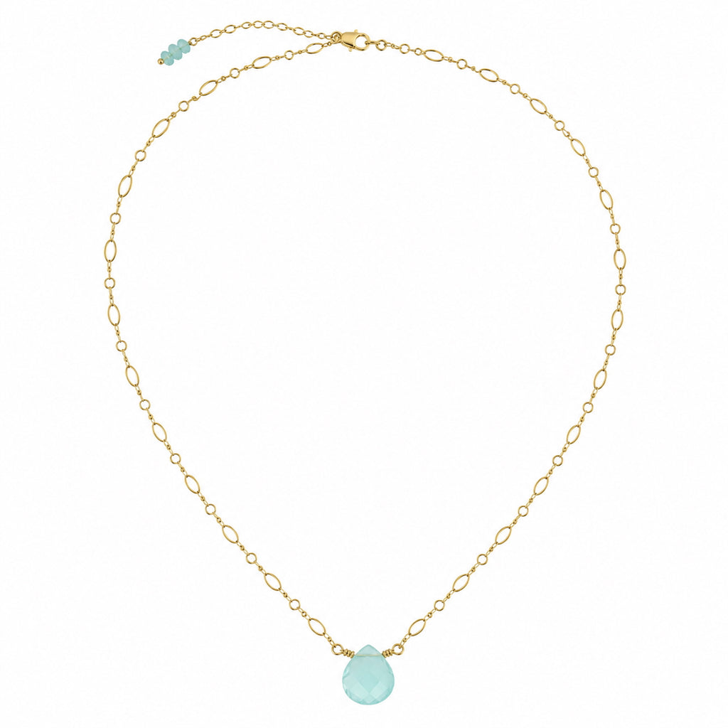 Woman wearing aqua chalcedony pear pendant necklace on gold-filled chain