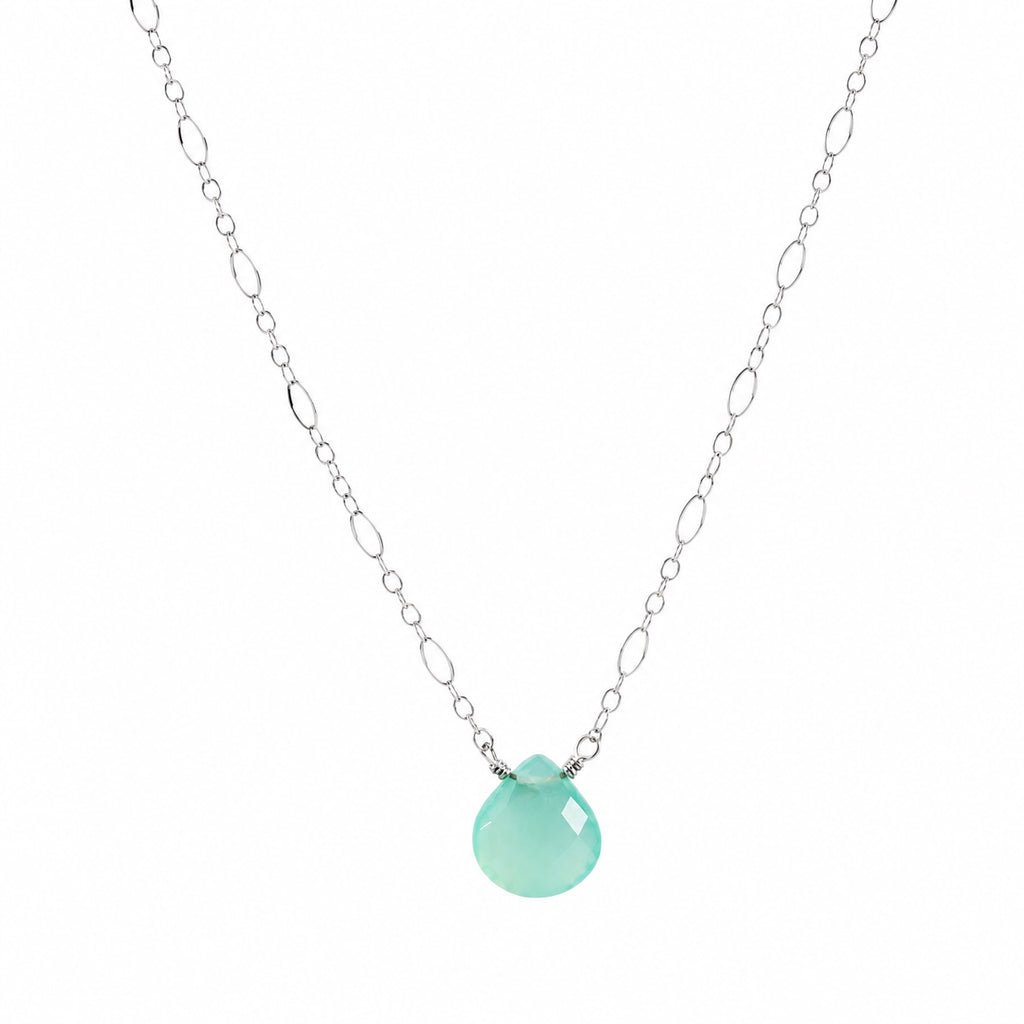 Woman wearing aqua chalcedony pear necklace with sterling silver chain