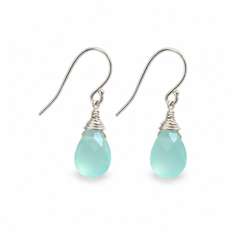 Aqua chalcedony wire wrapped teardrop earrings on sterling silver hooks, front product view