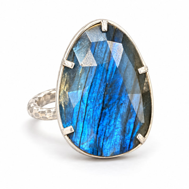 Blue Flash Labradorite Teardrop Ring in Hammered Sterling Silver Size 9