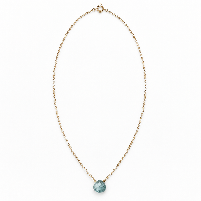 Blue apatite pendant necklace on delicate gold-filled chain, full view