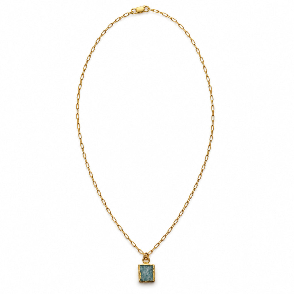 Woman wearing petite amazonite slice necklace on gold-filled chain