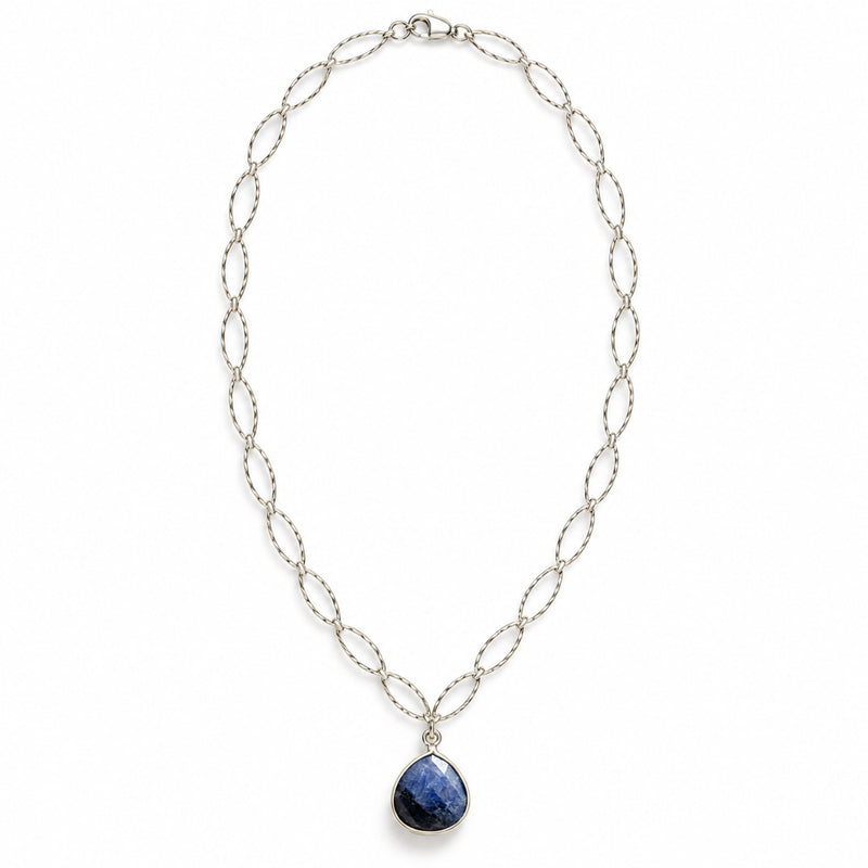 Blue sapphire pear pendant necklace in sterling silver, front product view