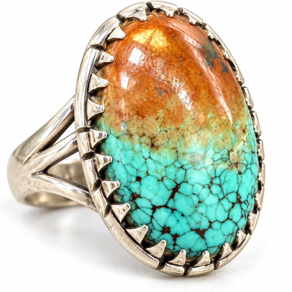 Spiderweb turquoise oval ring with rust-brown host rock in a sawtooth sterling silver bezel, front view.