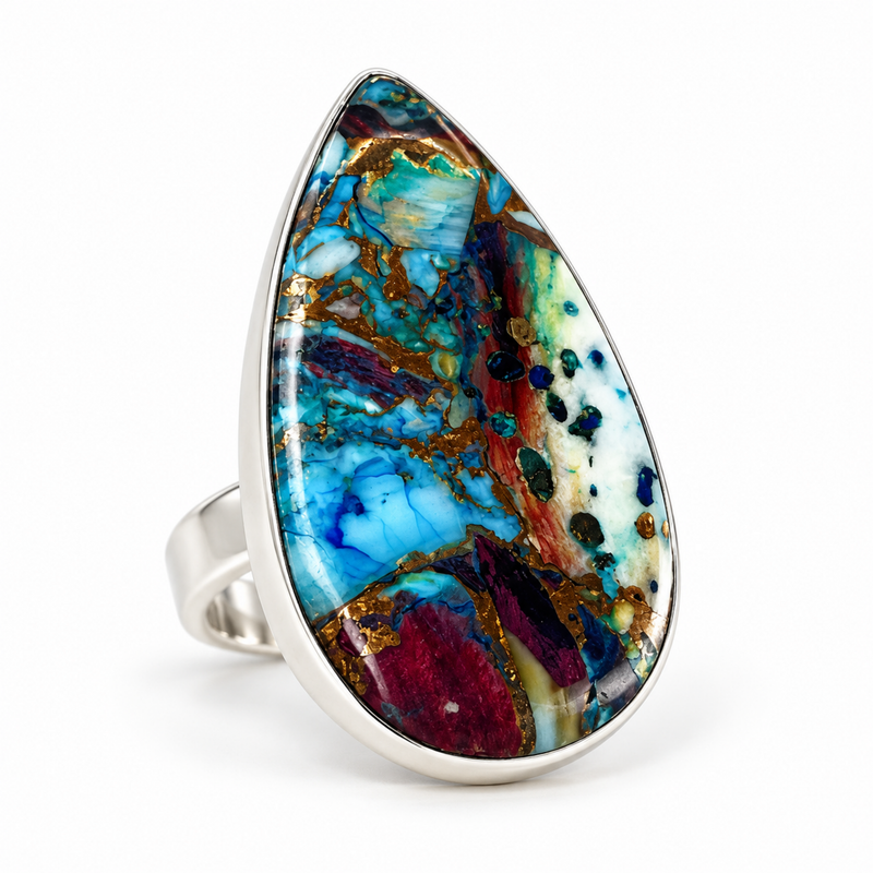 Chocolate oyster turquoise teardrop adjustable ring in sterling silver, front product view
