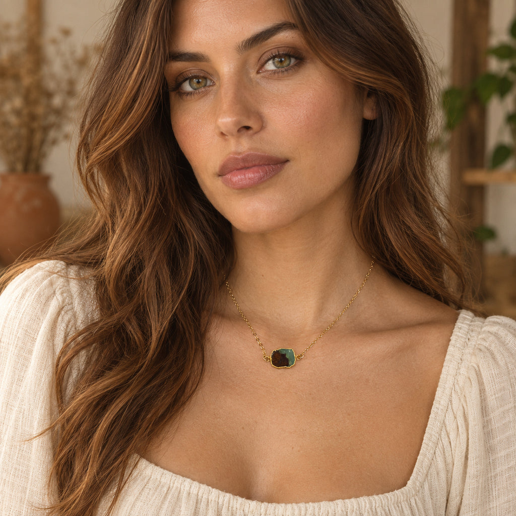 Natural chrysoprase slice necklace with gold-filled chain on a clean white background