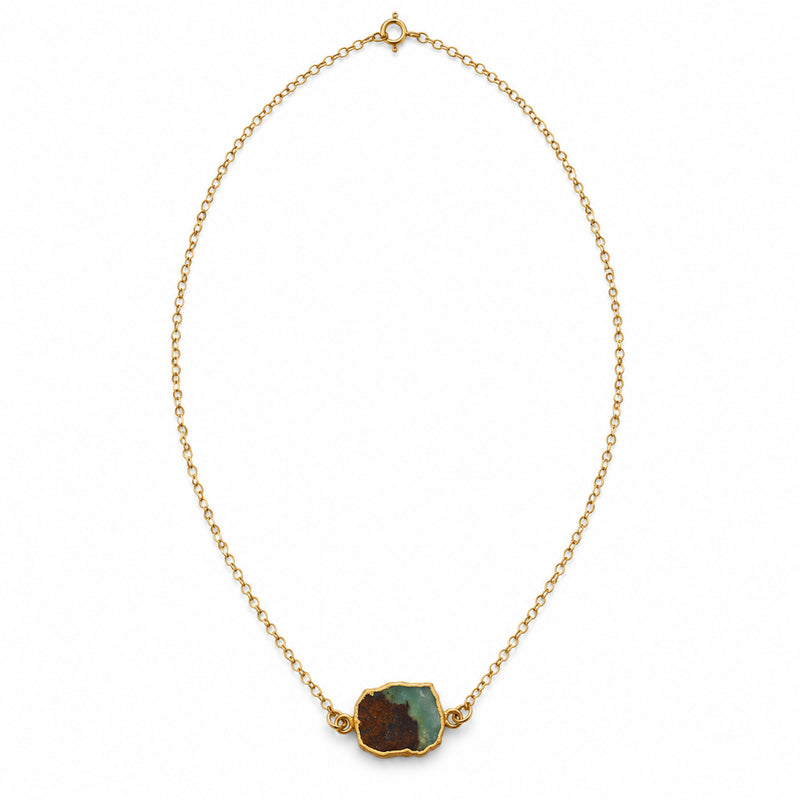 Natural chrysoprase slice necklace with gold-filled chain on a clean white background