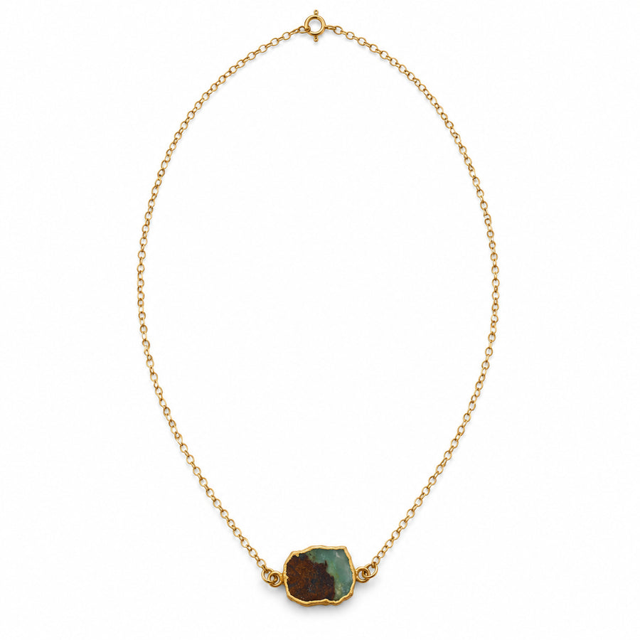 Natural chrysoprase slice necklace with gold-filled chain on a clean white background
