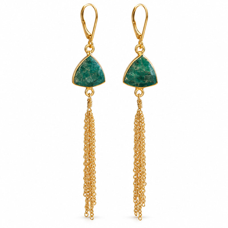 Emerald triangle gold-filled tassel earrings, front product view