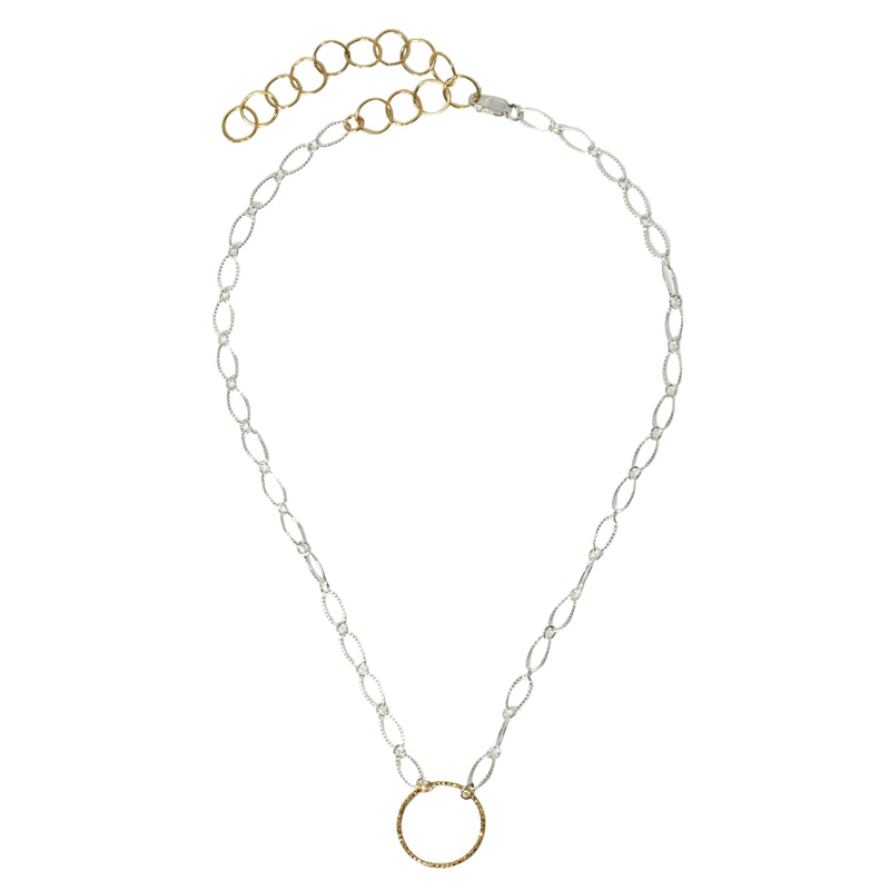 Gold-filled circle choker necklace on sterling silver oval link chain, full view