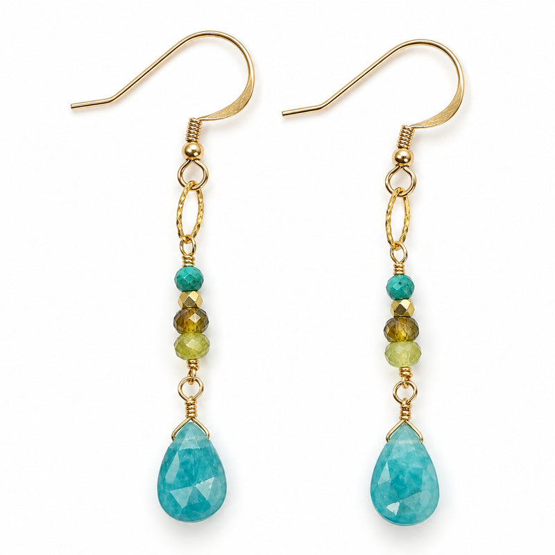 Grandidierite, green garnet, and turquoise gold-filled drop earrings, front product view