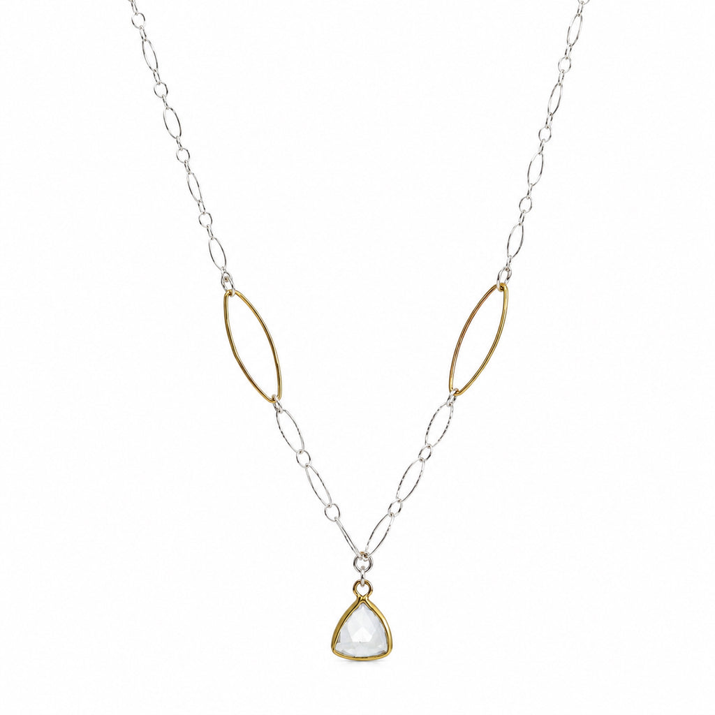 Woman wearing an 18-inch mixed-metal necklace with a faceted natural green amethyst pendant