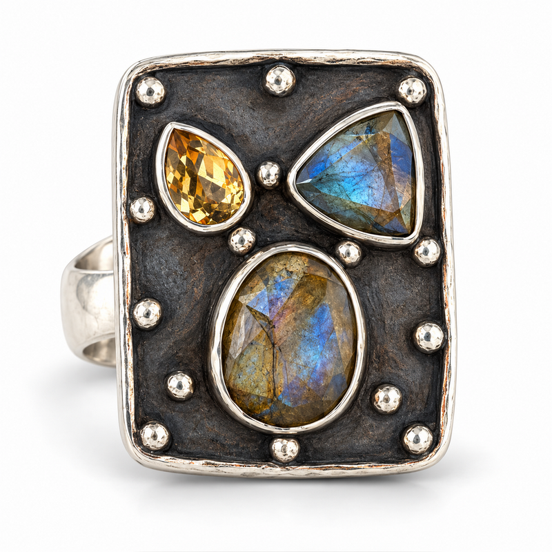 Labradorite and citrine constellation ring in oxidized sterling silver, front product view.