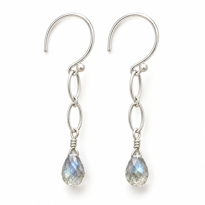 Labradorite drop earrings on sterling silver marquise links and round hooks, front product view
