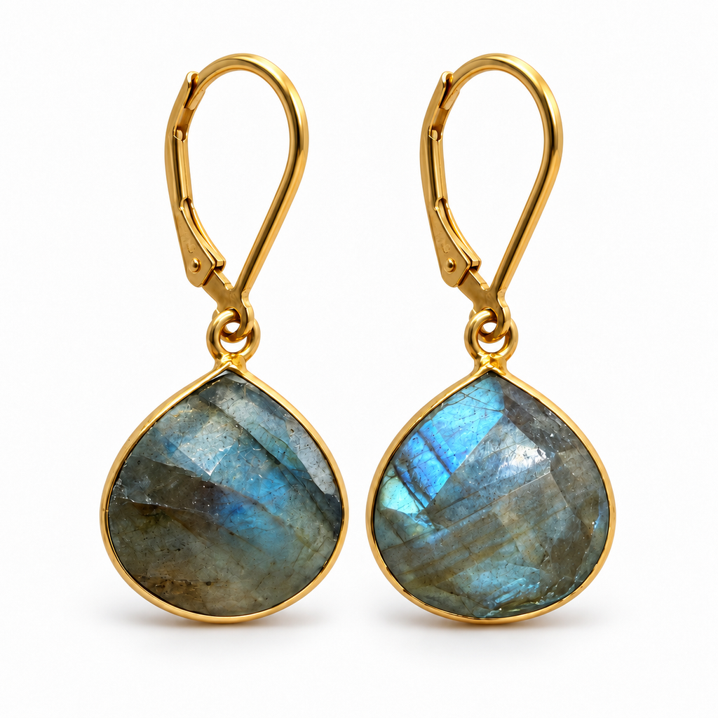 Woman wearing large labradorite pear gold-filled leverback earrings
